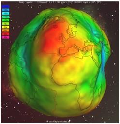 Gyenes Róbert A Föld elméleti alakja forschungszentrum honlapján kiváló animáció található (2-12. ábra [#_Ref263003309]) annak szemléltetésére, hogyan néz ki a geoid a geoid magasságok alapján.