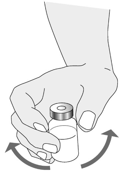 10. Anélkül, hogy hozzáérne a gumidugóhoz, körülbelül 1 percen keresztül lassan mozgassa az injekciós üveget egy kb. 45 fokos köríven (ne rázza!). Hagyja állni 5 percen keresztül! 11.