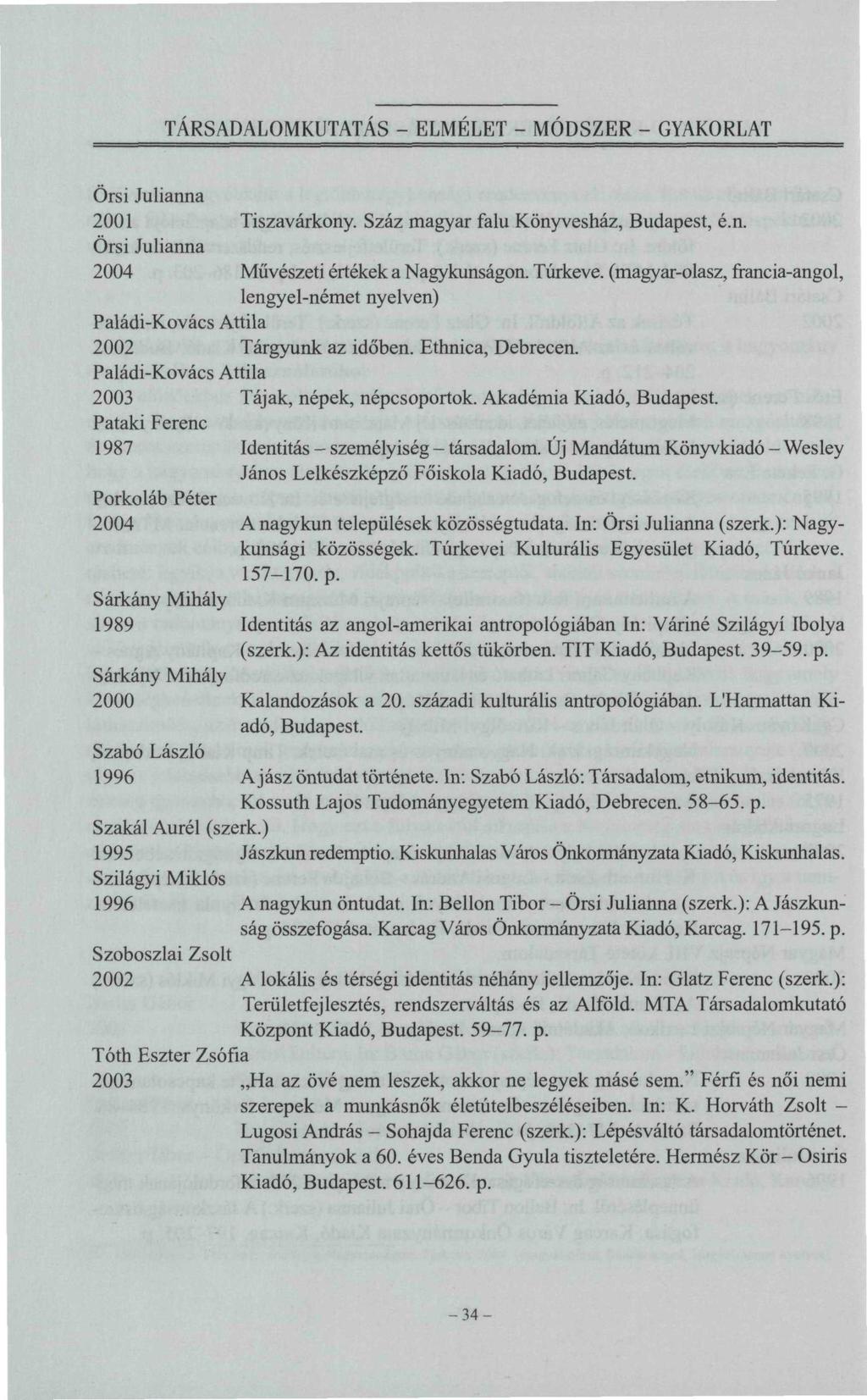 TÁRSADALOMKUTATÁS - ELMELET - MÓDSZER - GYAKORLAT Őrsi Julianna 2001 Tiszavárkony. Száz magyar falu Könyvesház, Budapest, é.n. Őrsi Julianna 2004 Művészeti értékek a Nagykunságon. Túrkeve.