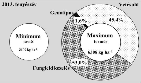 A legfontosabb agrotechnikai tényezőnek 2013-ban a gombás kórokozók elleni védekezés bizonyult, ami 53,0%-ban járult hozzá a termésnövekedéshez. A terméstöbblet szempontjából a 2012.