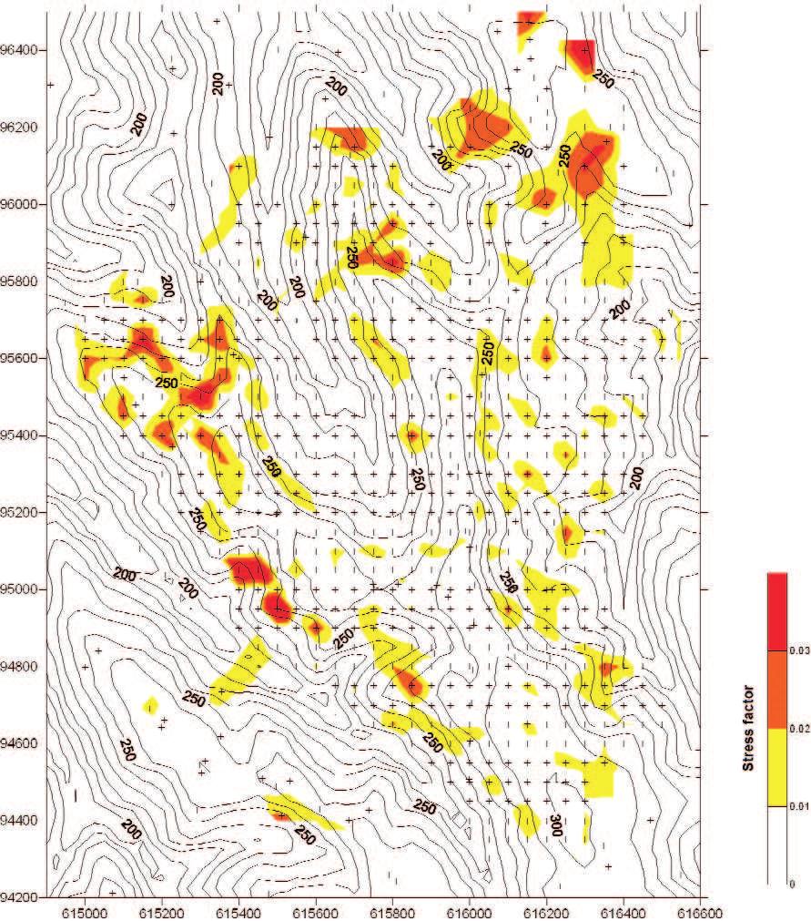 Inversion of the Geoelectric Measurements in the Bátaapáti Area (South Transdanubia, Hungary) 185 Figure 10. Areal distribution of the stress factor Stress factor: below 0.01 low, between 0.01 and 0.