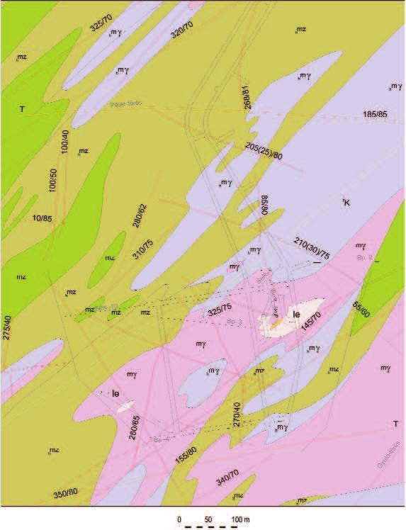 1:5,000-scale geological map of the broader surroundings of head tunnels in the 0 m level Mórágy Granite Formation: pink (mγ) = monzogranite, violet ( h mγ) = contaminated monzogranite,
