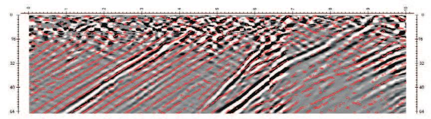 GPR section of Borehole Bf 11, base measurement, with the skeleton of repeated measurement (red), direction: up 13. ábra.