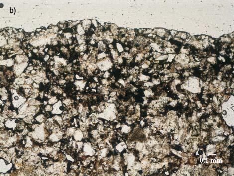 (b: microphotograph, c: SEM image) bokat szürke és szürke rozsdabarna limonitfoltos kvarcit alkotja, amely felső-pannóniai kovás kötőanyagú homokkőből (Kállai Kavics Formáció) alakult ki (8. ábra, a).