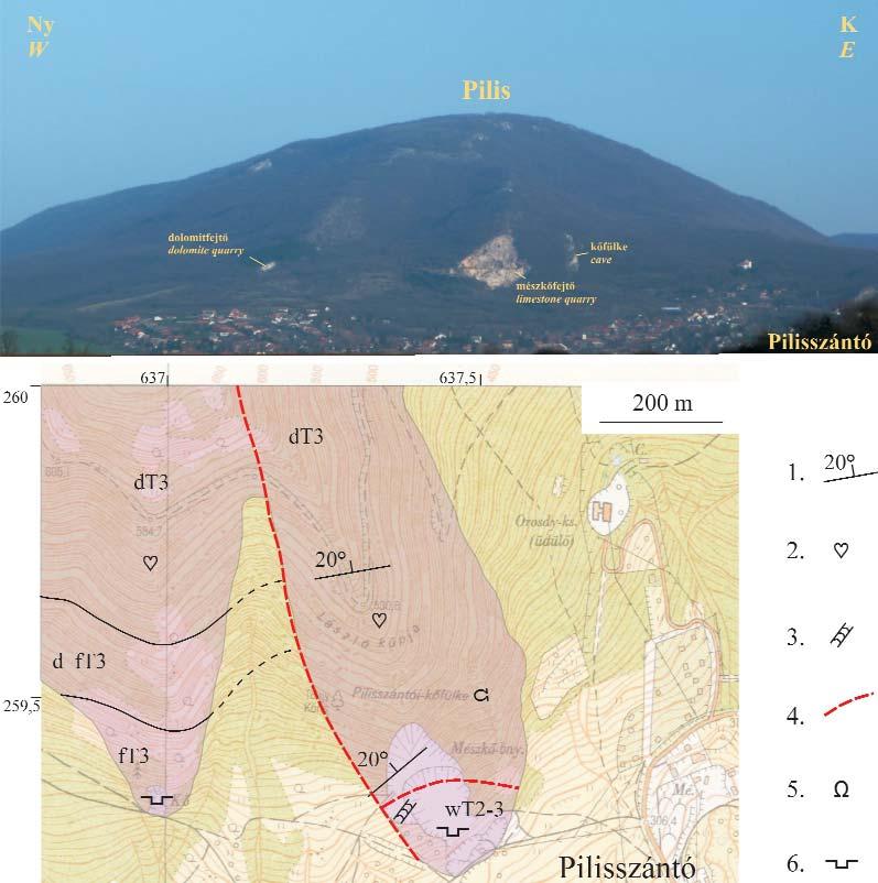 58 BUDAI TAMÁS et al. 2. ábra. A Pilis-tető panorámaképe (felül) és D-i részének földtani térképe (HAAS et al. 2010 alapján) Jelmagyarázat: 1. rétegdőlés; 2. Megalodus; 3. Diplopora annulata; 4.