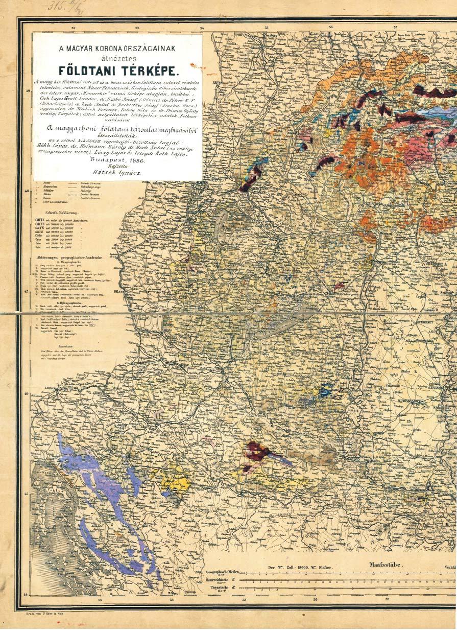 88 PENTELÉNYI ANTAL, SÍKHEGYI FERENC 4. ábra. Részlet A Magyar korona országainak átnézetes földtani térképéből (BÖCKH et al.