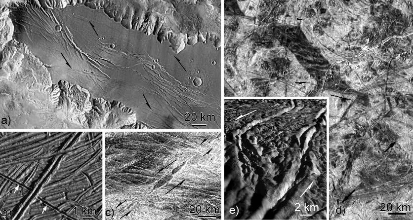 Theia Mons) magaslata 20 km-nyi tágulása nyomán szakadt szét (29.9N 282.9E, PIA00100 kép); b) Ganymedes: a sokszögletű sötét alakzatok tágulásával felszakadt kb.