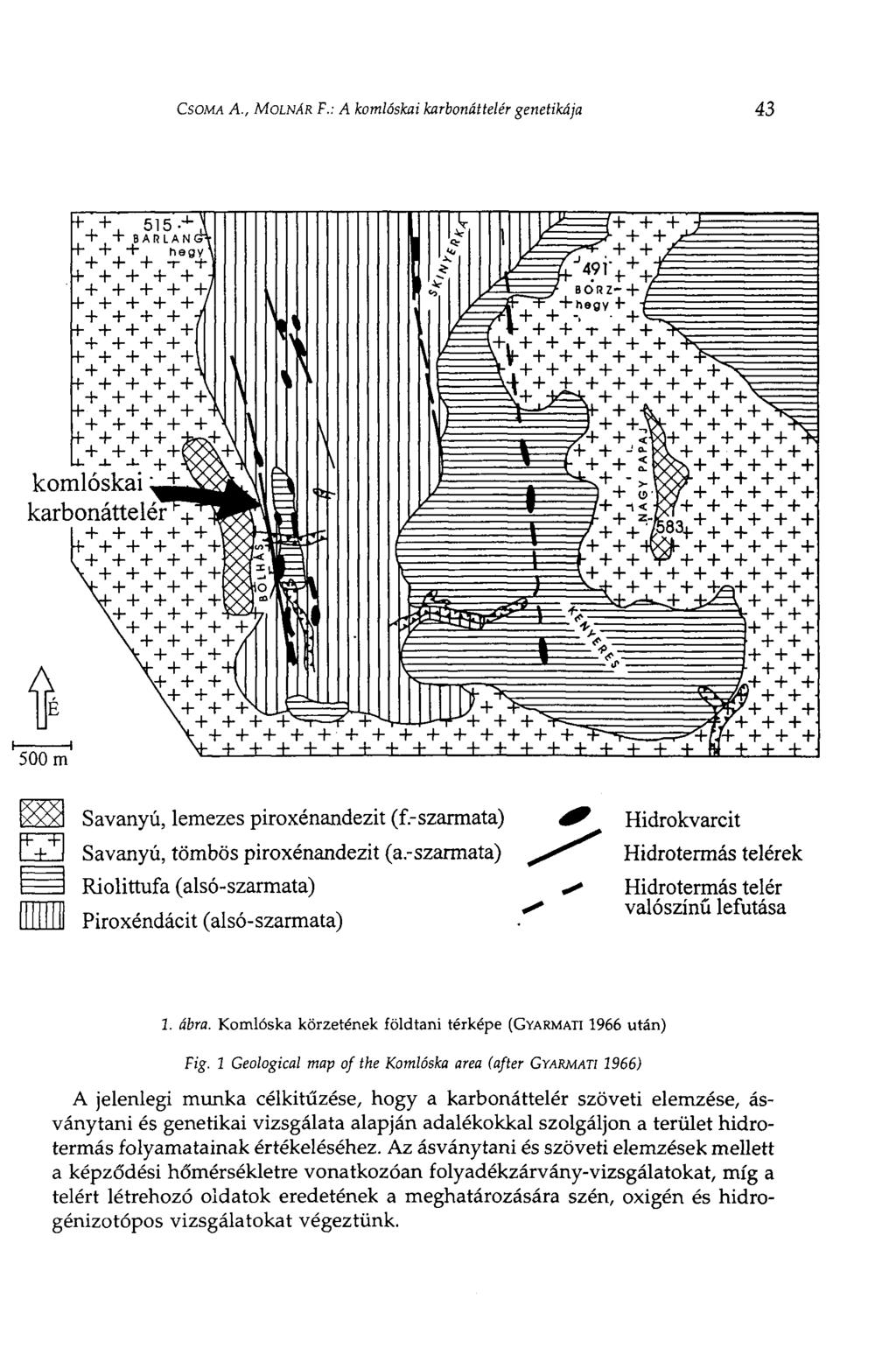 CSOMA A., MOLNÁR F.: A komláskai karbonáttelér genetikája 43 2. ábra. Komlóska körzetének földtani térképe (GYARMATI 1966 után) Fig.
