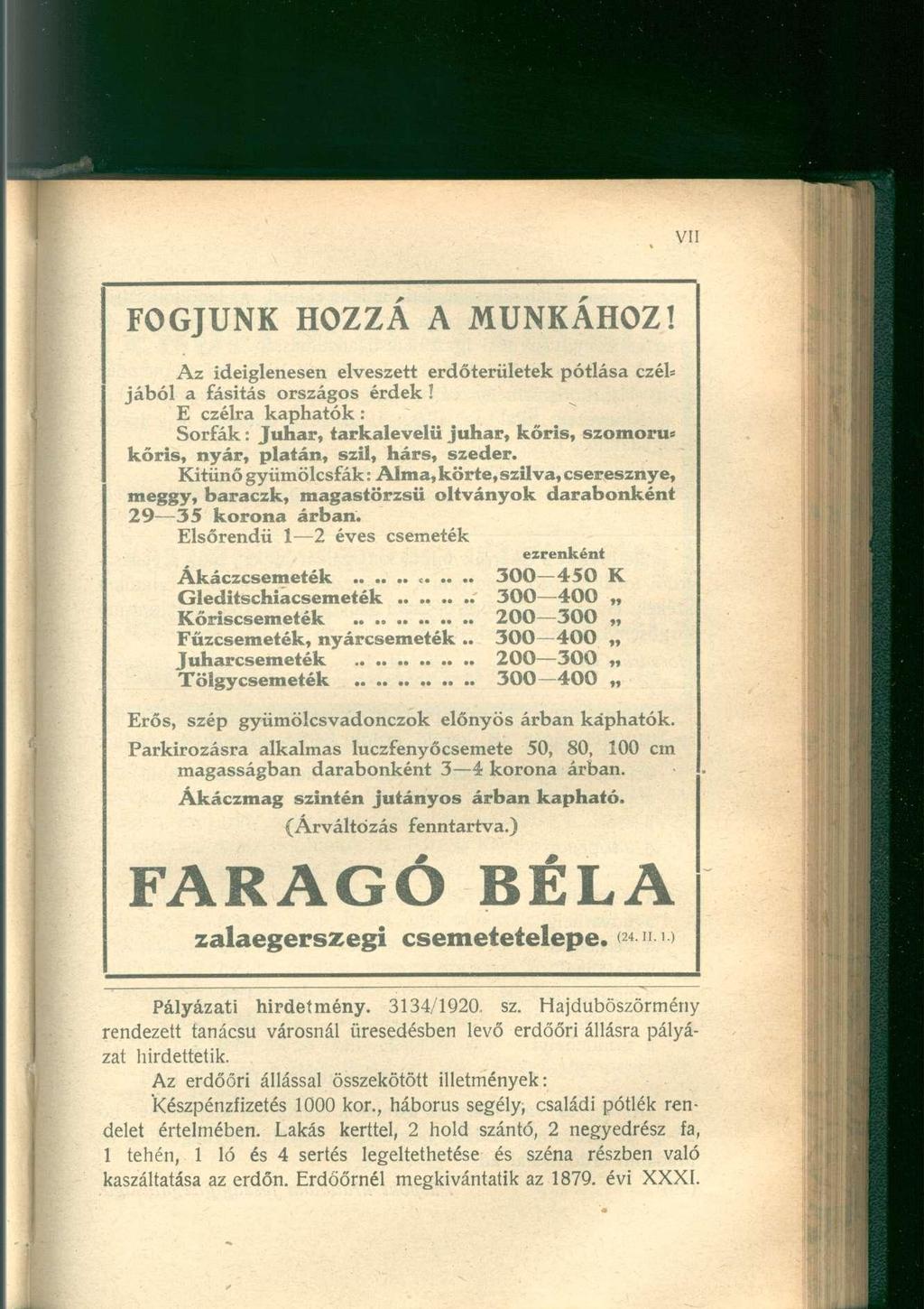 F O G J U N K H O Z Z Á A M U N K Á H O Z I Az ideiglenesen elveszett erdőterületek pótlása czél= jából a fásitás országos érdek!