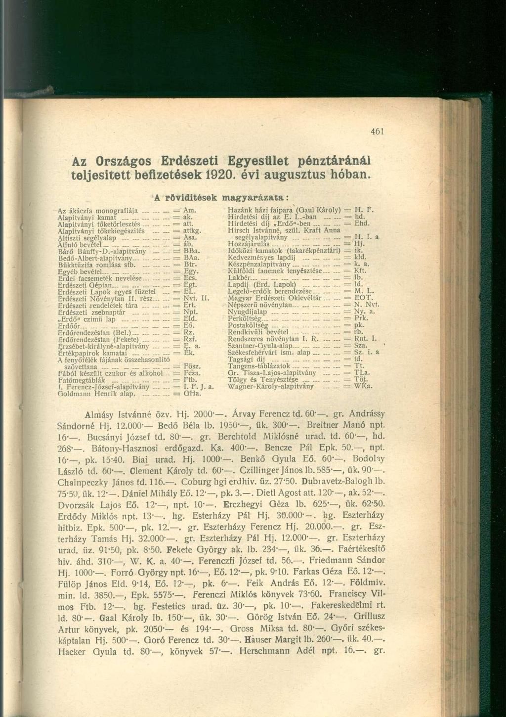 Az Országos Erdészeti Egyesület pénztáránál teljesített befizetések 1920. évi augusztus hóban. A rövidítések Az ákáczfa monográfiája... = Am. Alapítványi kamat... Alapítványi tőketörlesztés... att.