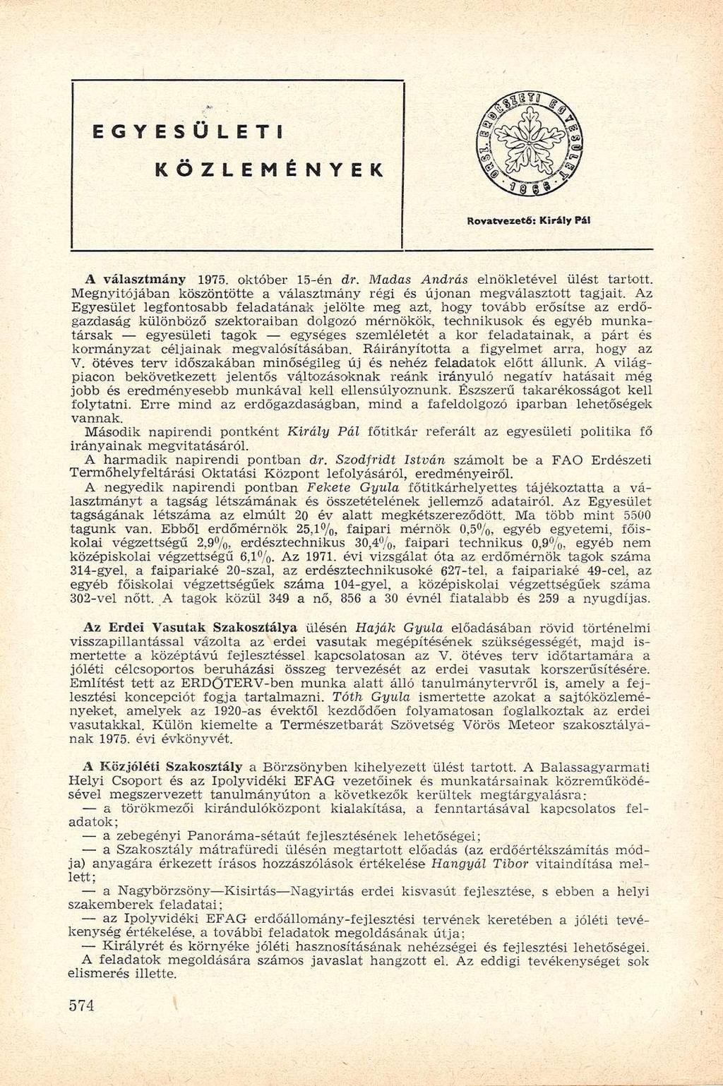 E G Y E S Ü L E T I K Ö Z L E M É N Y E K Rovatvezető: Király Pál A választmány 1975. október 15-én dr. Madas András elnökletével ülést tartott.