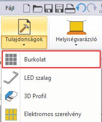 A cél elérése érdekében a Burkolat stílusokat használjuk. A Menüszalag / Interior / Tulajdonságok lenyíló menüjéből válassza a Burkolat pontot.