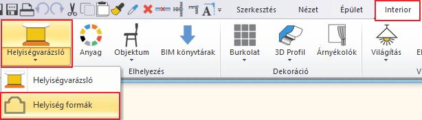 1. Workshop: Nappali tervezés 13 1.1. Helyiség formák Kattintson a Menüszalag / Interior / Helyiségvarázsló / Helyiség formák parancsra.