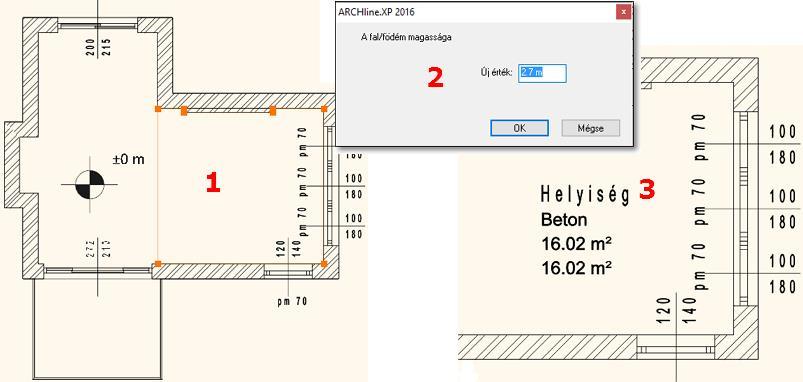 A falak belső éle mentén rajzolja körbe a vonallánccal azt a területet, amelyet egy helyiségpecséttel szeretne jellemezni, majd nyomjon Enter-t (1).