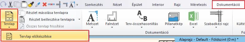 Tervlap előkészítése A tervlap készítés parancsa a Menüszalag / Dokumentáció / Tervlap / Tervlap előkészítése alatt érhető el.