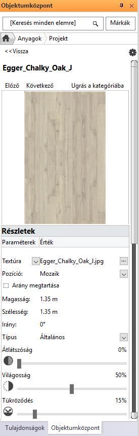 238 7. Workshop: Rendering Az első, hogy válassza ki a Típust az anyagnak megfelelően. Válassza ki a Parkettát. A tulajdonságok azonnal módosultak.