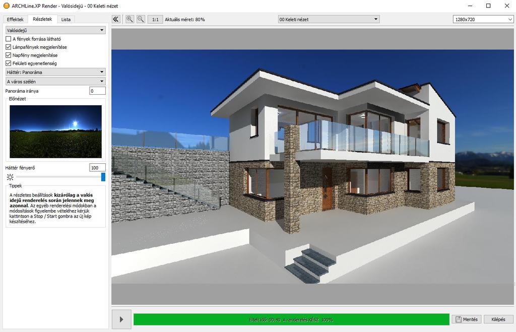 244 7. Workshop: Rendering 7.7. A kültéri képek sajátosságai Térjünk ki a kültéri renderek esetében néhány sajátosságra. Ehhez nyisson meg egy másik projektet:..\dokumentumok\archline.