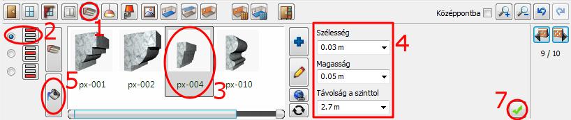 találkozásánál. Kattintson az Eszköztár - Profil ikonjára (1). Válassza meg a Profil pozícióját (2).