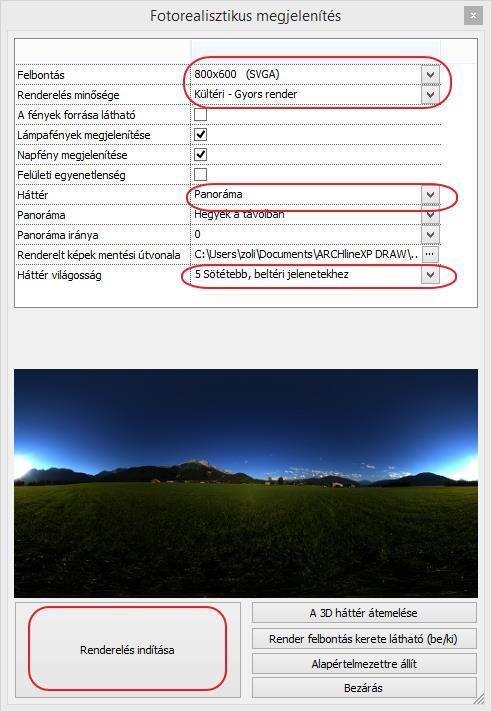 Javasoljuk, hogy először a renderinget alacsony felbontásban és a Kültéri Gyors render módban
