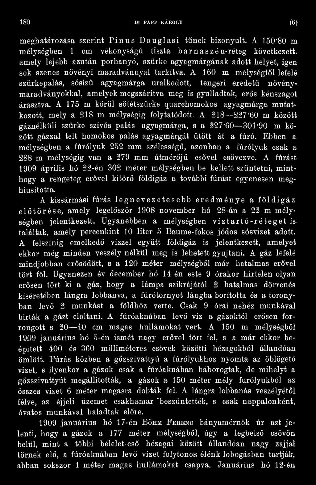 A 218 227*60 m között gáznélküli szürke szívós palás agyagmárga, s a 227*60 301*90 m között gázzal telt homokos palás agyagmárgát ütött át a fúró.