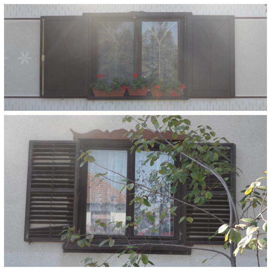 A hagyományos nyíláskialakításnál megfigyelhető: kétszárnyú, vagy a 60-as évek jellegzetes három osztatú ablakai, utcai homlokzaton szimmetrikus