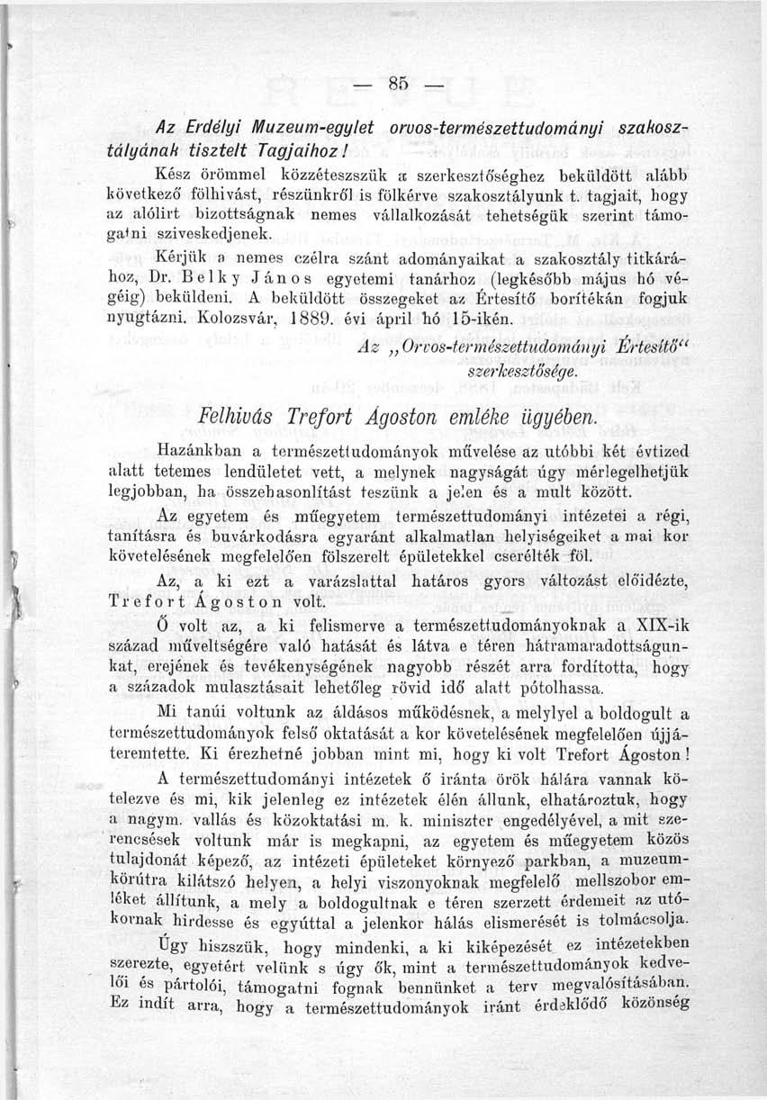 Az Erdélyi Muzeum-egylet orvos-természettudományi szakosztályának tisztelt Tagjaihoz!