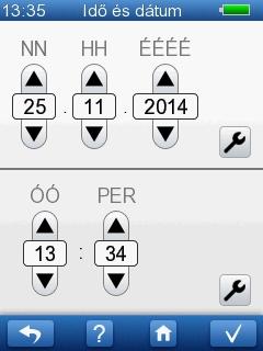 9 AccuScreen beállítások 9.2 Az idő és dátum beállítása 1. Nyomja meg a Dátum és idő gombot a Beállítások képernyőn. A dátum beállítható a képernyő felső részén, az idő pedig az alsón.
