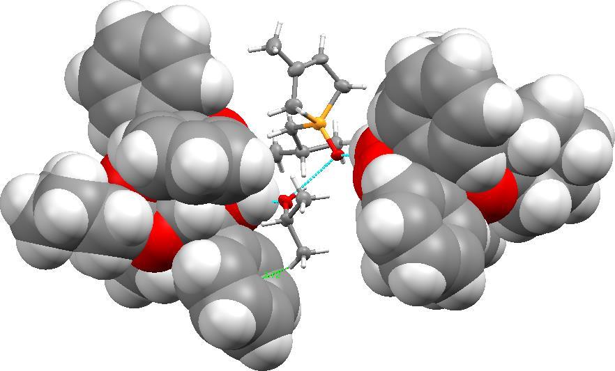 29. ábra: A (+)-i-butil-3-foszfolén-oxidot [(+)-3h], spiro-taddol-t [( )-9] és izopropilalkoholt 1:2:1 arányban tartalmazó összetételű molekulakomplex egykristály röntgenszerkezetének térkitöltéses
