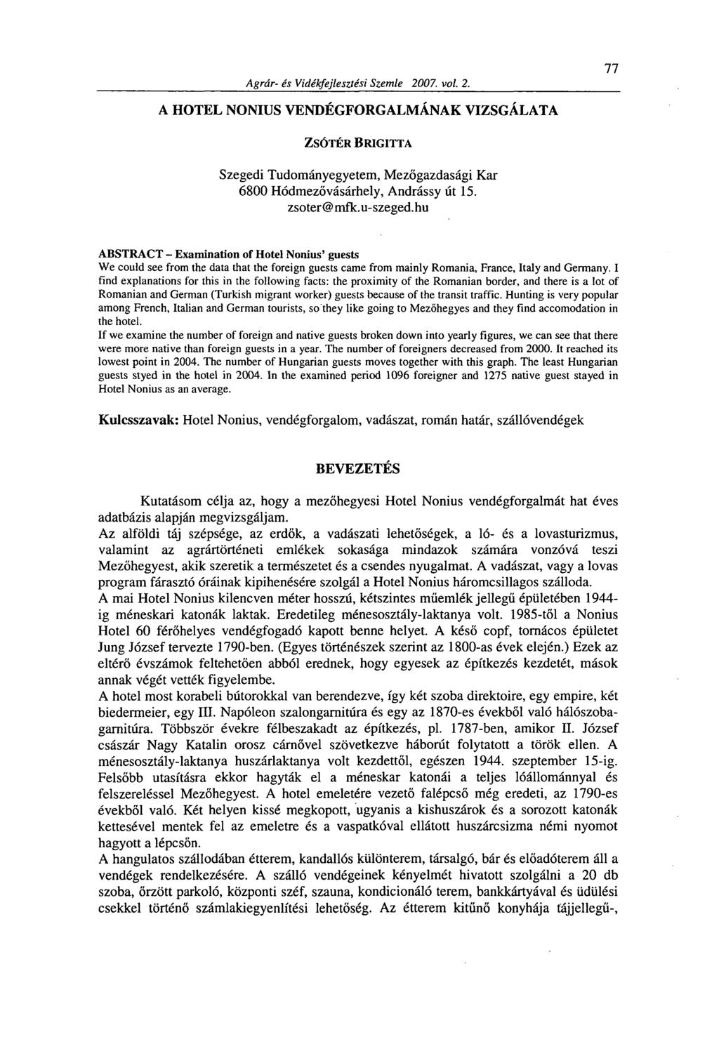Szegedi Tudományegyetem, Mezőgazdasági Kar 6800 Hódmezővásárhely, Andrássy  út 15. mfk.u-szeged. hu - PDF Free Download