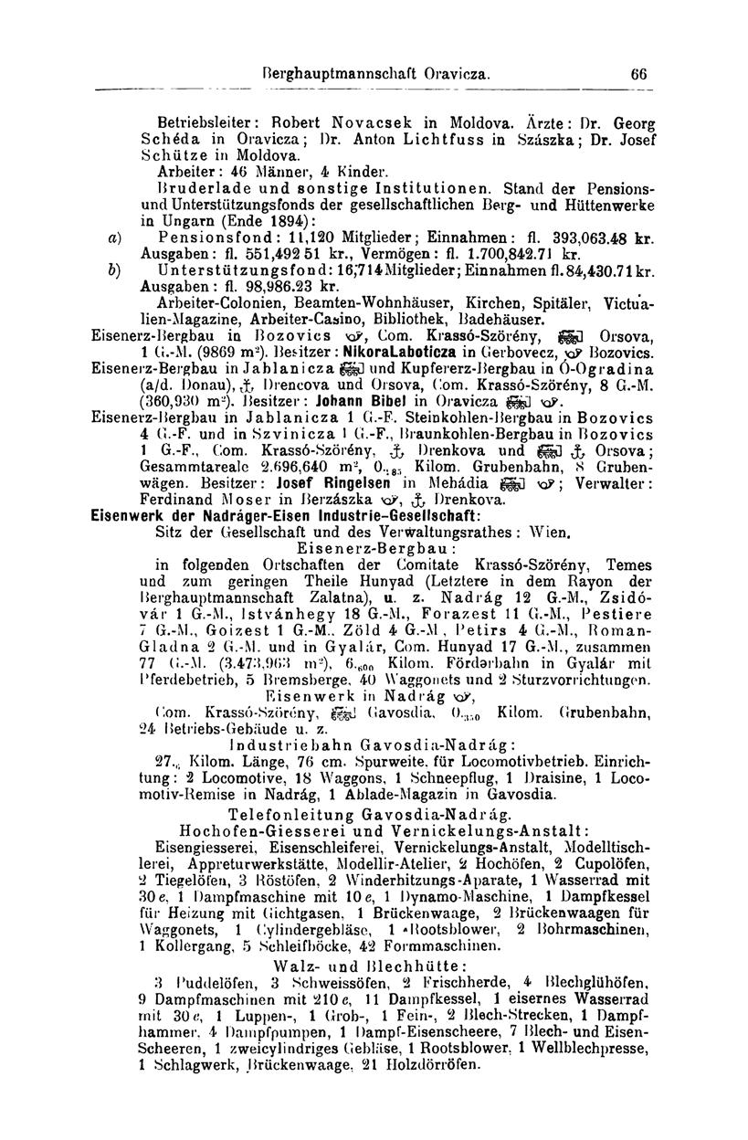 66 Betriebsleiter: Bobért Novacsek in Moldova. Ärzte: Dr. Georg Schéda in Oravicza; Dr. Anton Lichtfuss in Szászka; Dr. Josef Schütze in Moldova. Arbeiter: 46 Männer, 4 Kinder.