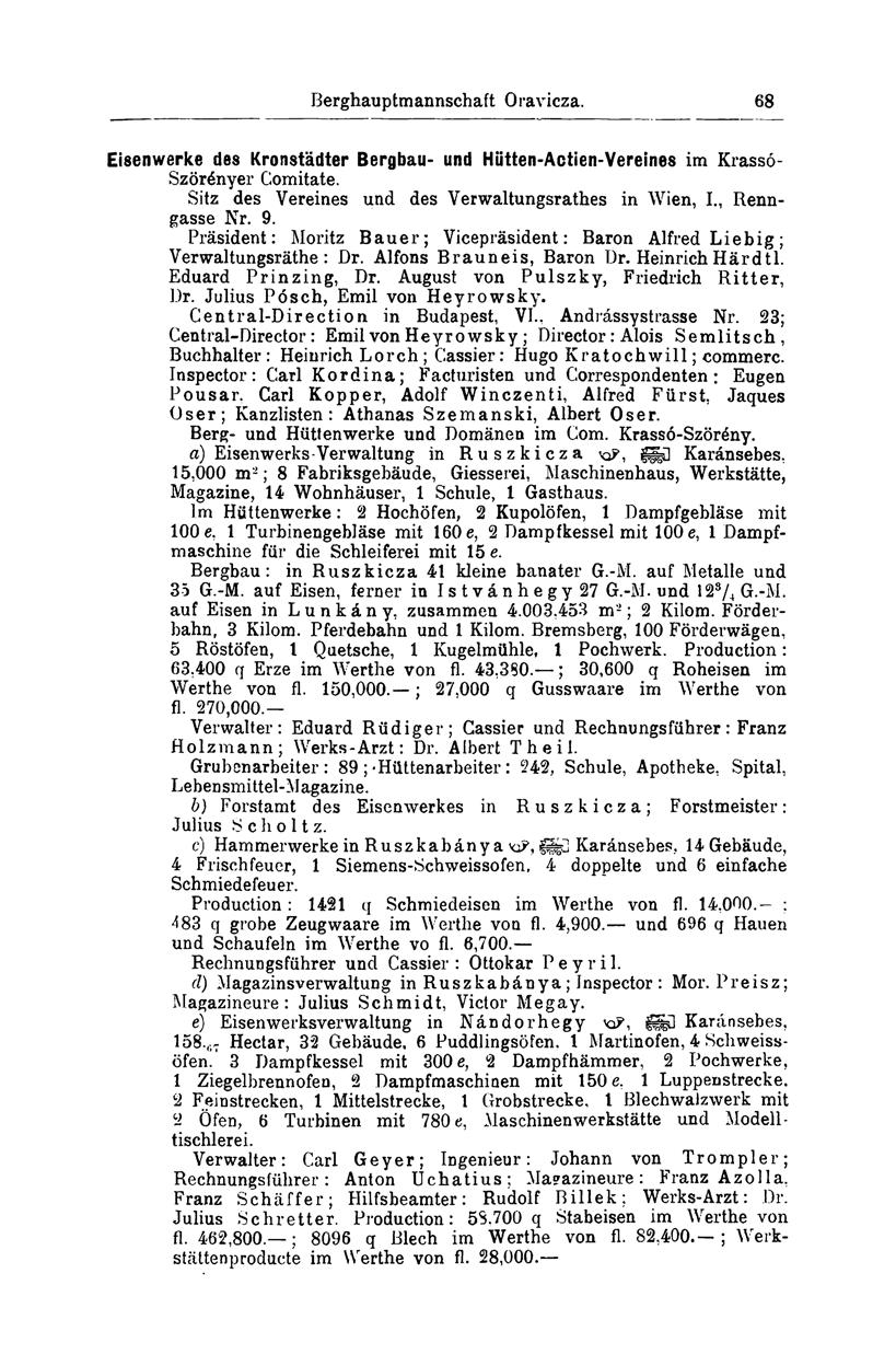 Berghauptmannschaft Oravicza. (»9 Eisenwerke des Kronstädter Bergbau- und Hütten-Actien-Vereines im Krassó- Szörényer Comitate. Sitz des Vereines und des Verwaltungsrathes in Wien, I., Renngasse Nr.