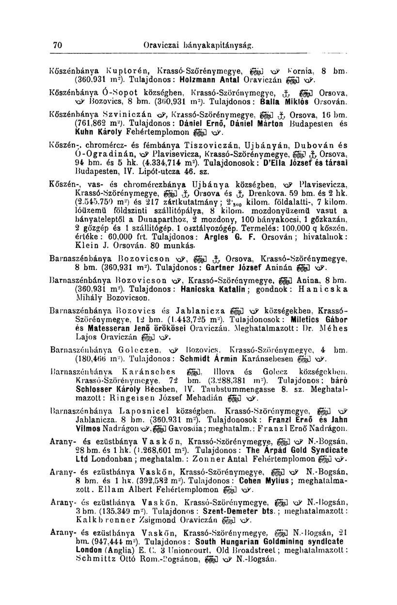 70 Szepes-íglói bányakapitányság. Kó'szénbánya Kuptorén, Krassó-Szörénymegye, xp Kornia, 8 bm. (360,931 m 2 ). Tulajdonos: Holzmann Antal Oraviczán xp.