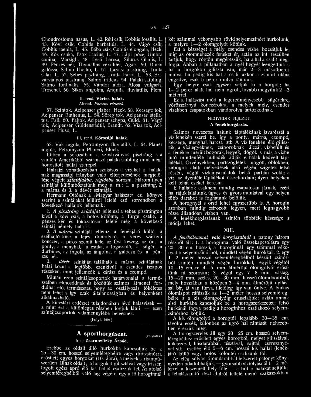 Söreg tok, Acipenser stellatus, Pali. 60. Fajtok, Acipenser schypa, Güld. 61. Vágó lók, Acipenser Güldenstädtii, Brandt. 62. Viza tok, Acipenser Huso, L. III. rend. Körszájú halak. 63.