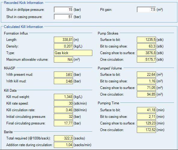 9.6. ábra: A várakozásos módszerrel történt szimuláció számolási eredménye (Forrás: Petris Drillnet) A 9.7. ábrán a gyűrűstéri és fúrócső oldali nyomások változása látható a helyreállítás során.