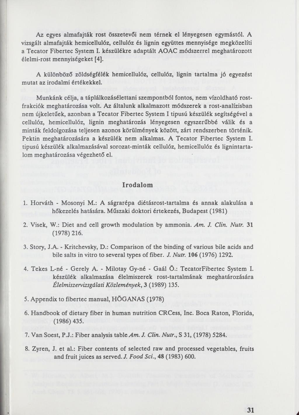 31 d Az egyes almafajták rost összetevői nem térnek el lényegesen egymástól. A vizsgált almafajták hemicellulóz, cellulóz és lignin együttes mennyisége megközelíti a Tecator Fibertec System I.