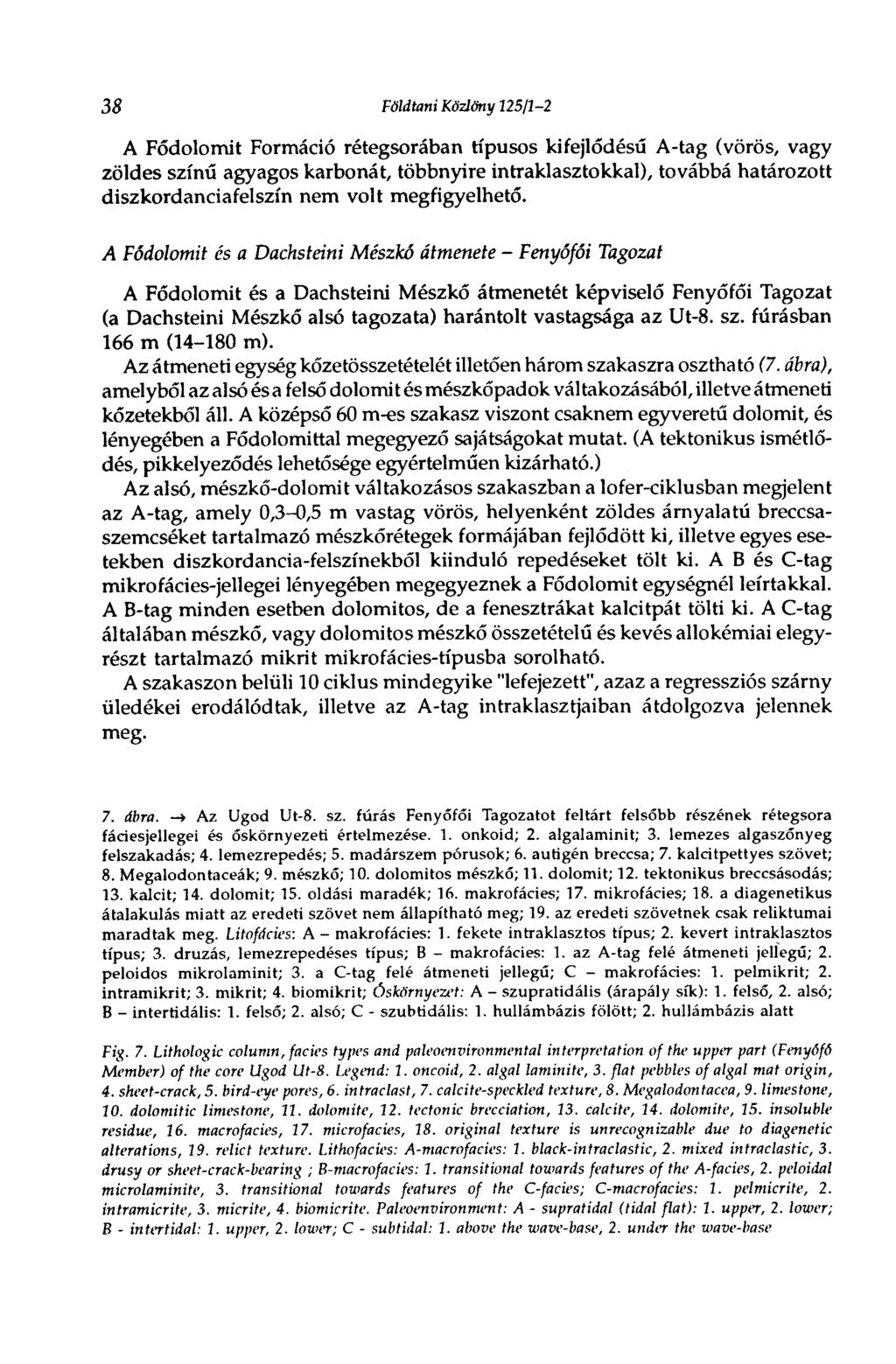 38 Földtani Közlöny 125/1-2 A Fődolomit Formáció rétegsorában típusos kifejlődésű A-tag (vörös, vagy zöldes színű agyagos karbonát, többnyire intraklasztokkal), továbbá határozott