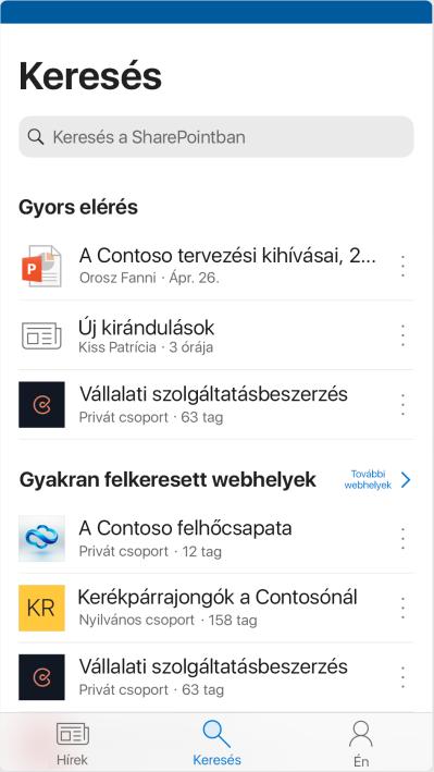 Sok más mellett webhelyeket, személyeket és fájlokat ismerhet meg, kereshet és böngészhet a SharePointban,