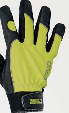 Dosul palmei din poliester /spandex cu membrană de nailon flexibilă. Întăritură suplimentară între degetul mare și arătător, cusături ascunse, căptușeală și etichetă reflectorizante.