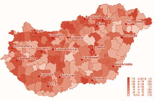 3/a. ábra. Otthoni szakápolási kassza, 10 000 lakosra jutó vizitszám kistérségenként (A) és országoshoz viszonyított aránya (B), 2004-ben [országos átlag: 1132,96 vizit/10000 lakos].