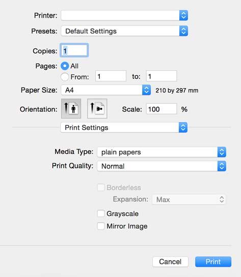 Nyomtatás 5. Jelölje ki a Nyomtatási beállítások lehetőséget a felugró menüből. Mac OS X v10.8.