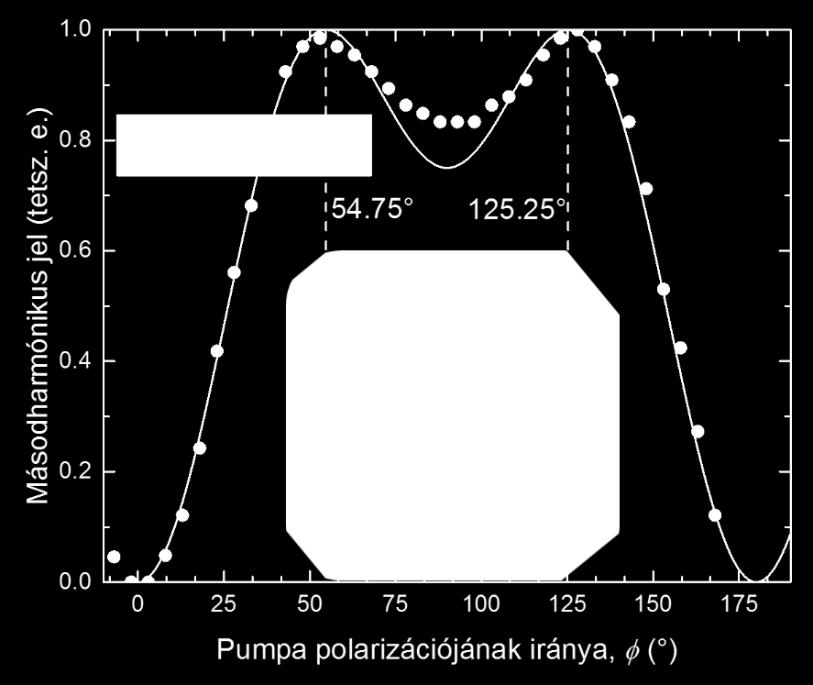 21. ábra Mért (körök) és számolt (vonal) másodharmónikus intenzitás értékek a pumpa polarizációs irányának, φ-nek függvényében, ZnTe Z-tengelyétől mérve.