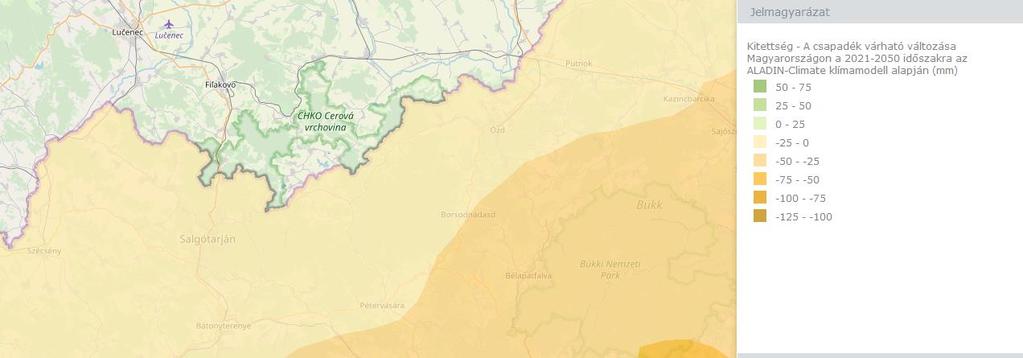 A következő térkép a csapadék várható változásának területi eloszlását ábrázolja Magyarországon a 2021 2050 időszakra az ALADIN-Climate klímamodell projekciója alapján, az 1961 1990 referencia