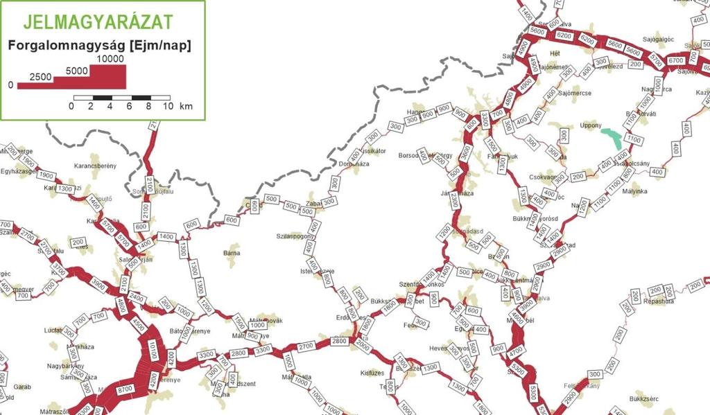 4. ábra: A jelenlegi forgalmi igények hálózatra terhelése ÁNF [Ejm/nap] A 23. és 25. főutak teherforgalma alacsony, a rendelkezésre álló adatok az OKA 2014.