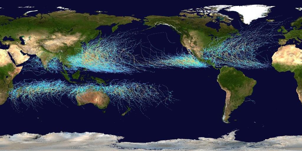 3.Trópusi ciklonok keletkezési környezete 1. ábra: Trópusi ciklonok trajektóriái. Forrás: [4] A térképen a trópusi ciklonok leggyakoribb útvonalai és a keletkezési környezete látható. (1.