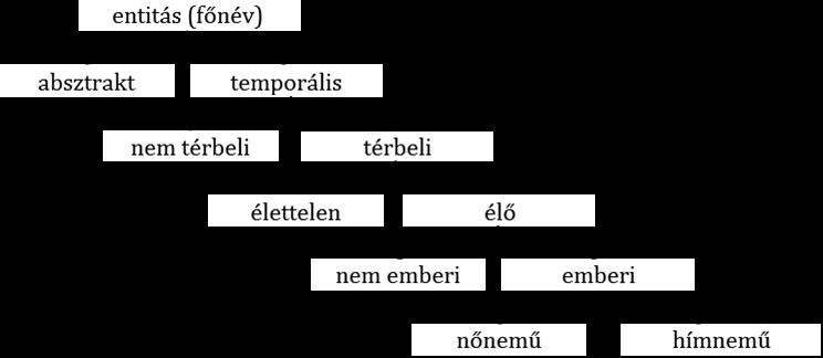 4. ábra A főnevek szemantikai jelöltségi hierarchiája (Givón 2001: 56) A hierarchia Givón (2001) szerint nem megfordítható, tehát például, ha egy főnév hímnemű, akkor az egyben emberi, élő és térben