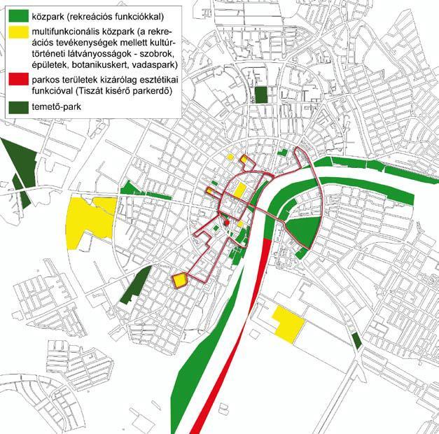 2.7. ábra: Szeged parkjai és a városnéző kisvasút útvonala bejelölve az