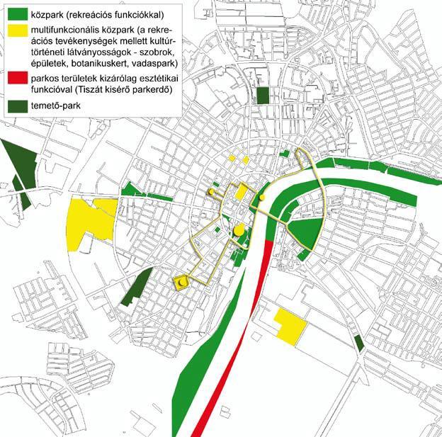ábra: Szeged parkjai és a városnéző busz útvonala bejelölve az indulás/