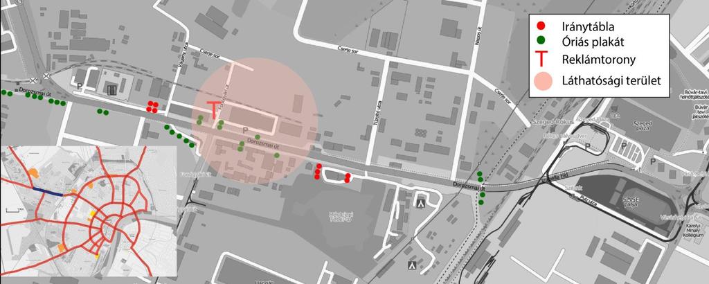 6.5. ábra. A dorozsmai elágazás és az Izabella híd közötti vizsgált útvonalszakasz reklámtáblái. (szerk.
