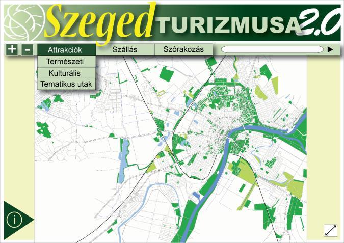 7.1. Módszertan, eredmények Jelenleg az adatbevitel és a grafikai megjelenítés előkészítése folyik tanszékünkön, erről szeretnénk ebben a tanulmányban beszámolni. A honlap kezdőlapján (7.1. ábra) a cím alatt található három menüpont: az Attrakciók, a Szállás és a Szórakozás.
