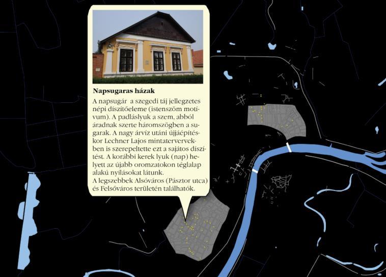 A térképes megjelenítés színes pontjai közül bármelyikre klikkelve a felugró buborék szövege tájékoztat a napsugaras homlokzat eredetéről (7.5.
